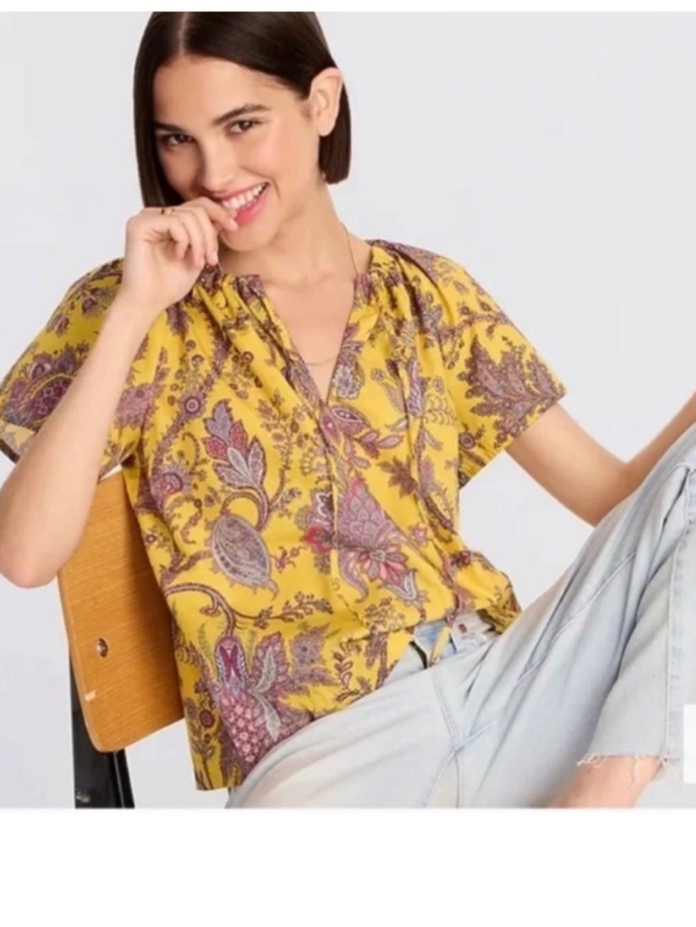 J. Crew Collection Yellow Paisley Tie-Neck Blouse with Pink and Purple Accents